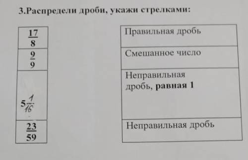 3.Распределите дроби, укажи стрелками: Правильная дроб,1789Смешанное числоНеправильнаядробь, равная