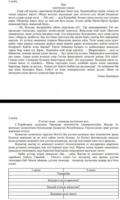 1-мәтін 2-мәтін ТақырыбыКімдерге оқуға арналған?Қандай стильде жазылған?Қысқаша шолу жасау​