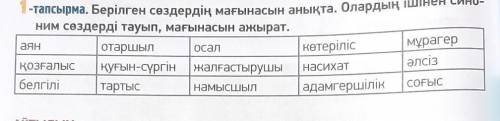 1-тапсырма. Берілген сөздердің мағынасын анықта. Олардың ішінен сино- ним сөздерді тауып, мағынасын