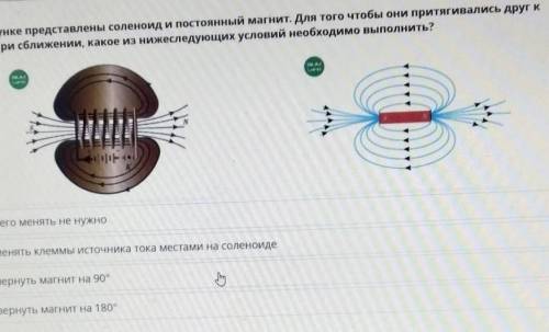 На рисунке представлены соленоид и постоянный магнит. Для того чтобы они притягивались друг к другу