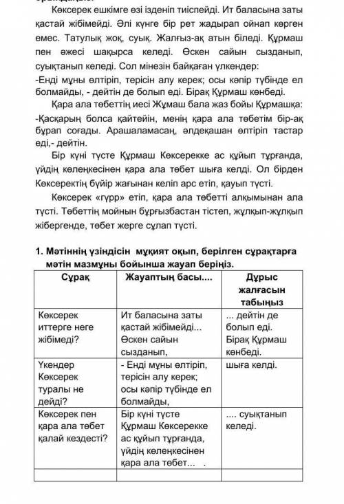 1. Мәтіннің үзіндісін мұқият оқып, берілген сұрақтарға мәтін мазмұны бойынша жауап беріңіз. Сұрақ Жа