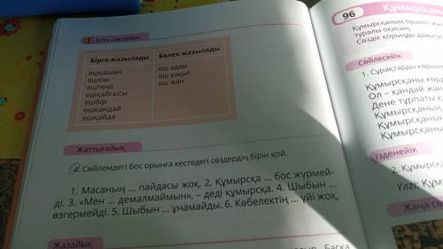 Сөйлемдегі бос орынға кестедегі сөздердің бірін қой