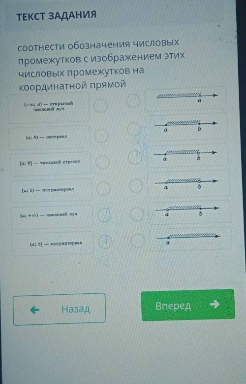 Соотнести обозначения числовых промежутков с изображением этихчисловых промежутков накоординатной пр