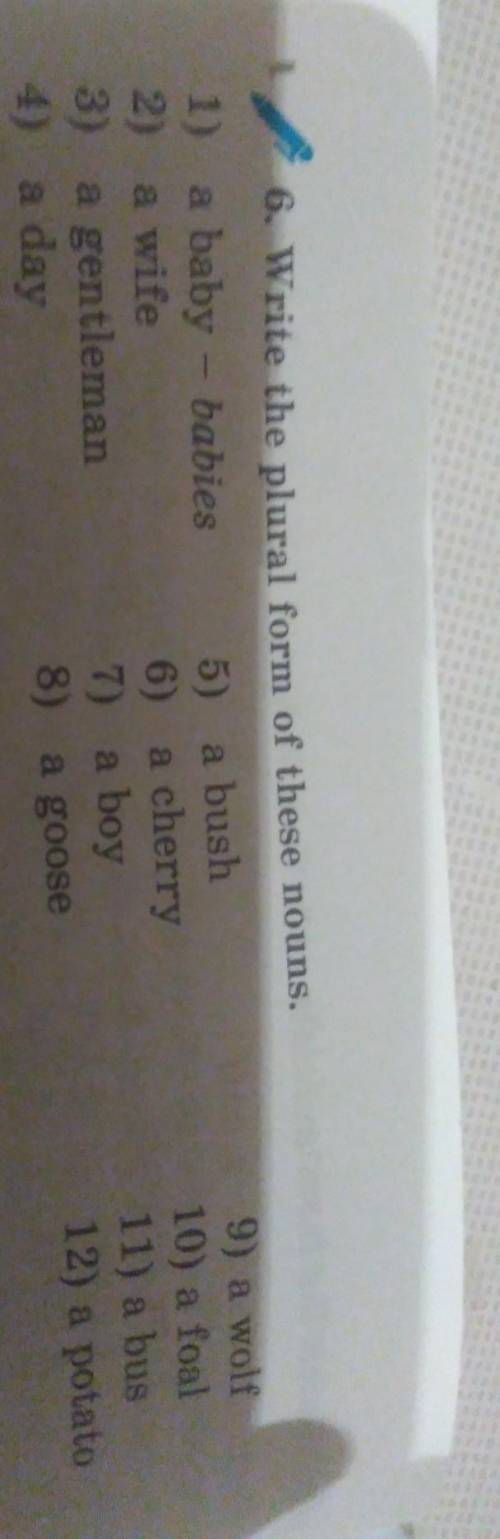 6. Write the plural form of these nouns. 1) a baby - babies 5) a bush2) a wife6) a cherry3) a gentle