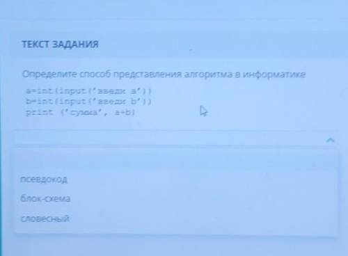 Тон) ТЕКСТ ЗАДАНИЯОпределите представления алгоритма в информатикеаrint(input t'anems a'))brint (inp