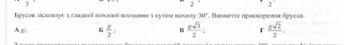 Брусок зісковзує з гладкої похилої площини з кутом нахилу 30°. Визначте прискорення бруска​