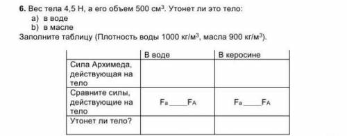 Заполните таблицу (плотность воды 1000 кг/м³, масла 900 кг/м³)​