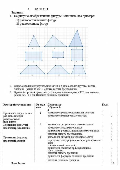 2 ВАРИАНТ Задания1. На рисунке изображенены фигуры. Запишите два примера: 1) равносоставленных фигур