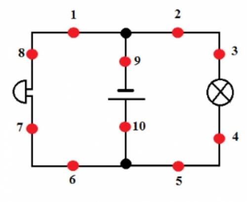 Что происходит, если в точке 10 находится разомкнутый ключ?   Звонок звонит.Лампочка горит.Звонок не
