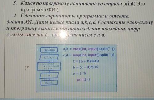 Задача №1. Даны целые числа a,b,c,d Составьте блок-схему и программу вычисления произведения последн