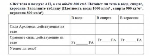 Заполните таблицу, потонет ли тело в воде, в спирте, в керосине.