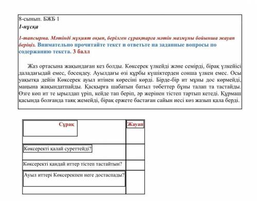 1-тапсырма. Мәтінді мұқият оқып, берілген сұрақтарға мәтін мазмұны бойынша жауап беріңіз. Внимательн