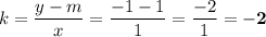 k=\dfrac{y-m}{x} = \dfrac{-1-1}{1} = \dfrac{-2}{1} = \bf{-2}