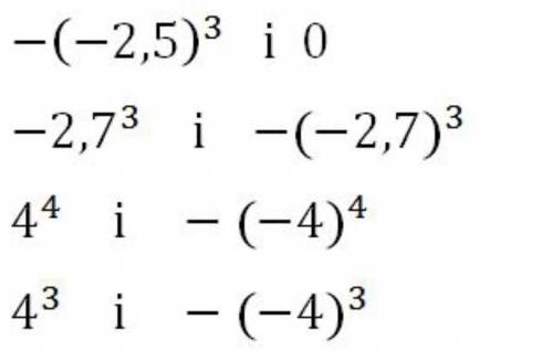 Порівняйте не обчислюючи1)-(-2,5)³ і 02)2,7³ і -(-2,7)³3)4⁴ і -(-4)⁴4)4³ і -(-4)³​