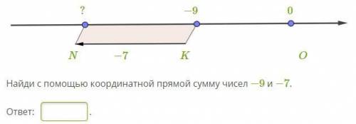 ? −9 0 II_04_№2.png N −7 K O Найди с координатной прямой сумму чисел −9 и −7. ответ: .