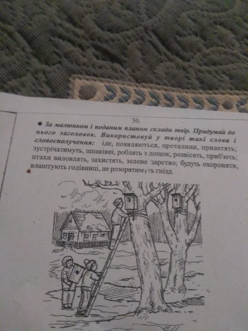 за малюнком і поданим планом склади твір. Придумай до нього заголовок Використовуй у творі такі слов