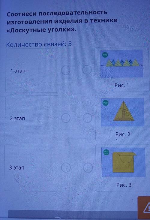 Соотнеси последовательность Изготовления изделия в технике«Лоскутные уголки».Количество связей: 31-э