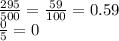 \frac{295}{500} = \frac{59}{100} = 0.59 \\ \frac{0}{5} = 0