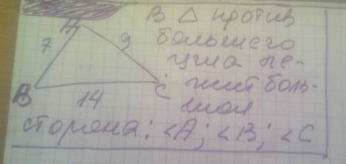 В ∆ABC сторони AB,AC,BC відповідно дорівнюють 7см, 9см, 14 см. Записати кути даного трикутника в пор