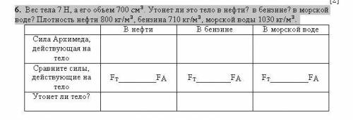 6. Вес тела 7 Н, а его объем 700 〖см〗^3. Утонет ли это тело в нефти? в бензине? в морской воде? Плот