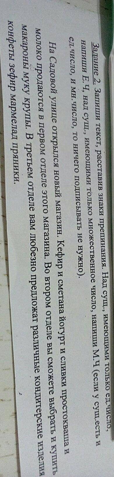 Задание 2. Запиши текст, расставив знаки препинания. Над сущ., имеющими только ед.число, напиши Е, Ч