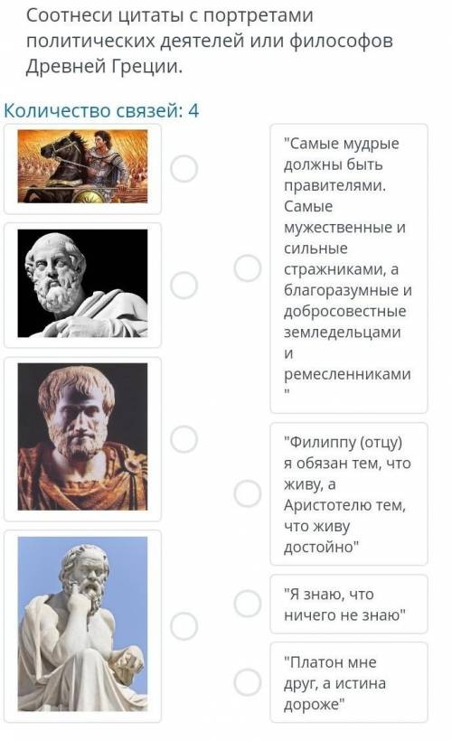 Соотнеси цитаты с портретами политических деятелей или философов древней греции.​
