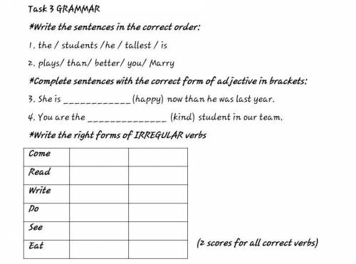 Task 3 GRAMMAR *Write the sentences in the correct order:1. the / students /he / tallest / is2. play