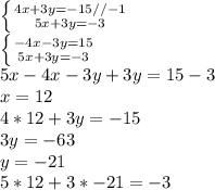 \left \{ {{4x+3y=-15//-1} \atop {5x+3y=-3}} \right. \\\left \{ {{-4x-3y=15} \atop {5x+3y=-3}} \right. \\5x-4x-3y+3y=15-3\\x=12\\4*12+3y=-15\\3y=-63\\y=-21\\5*12+3*-21=-3