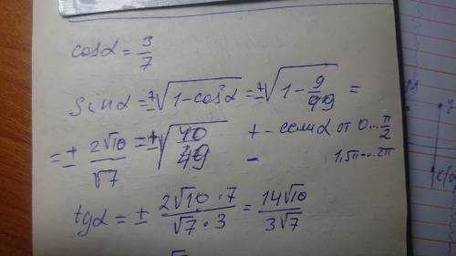 Найдите Sin a, tg a, ctg a если cos a =3/7