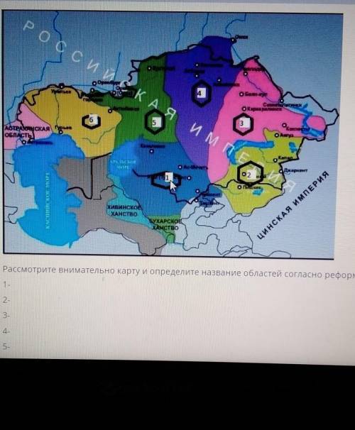 Рассмотрите внимательно карту и определите название областей согласно реформам 1867-1868 годов. 1-2-