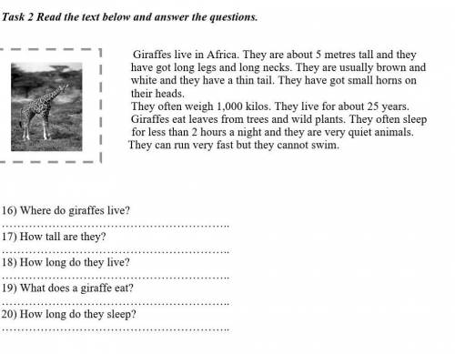 Соч Task 2 Read the text below and answer the questions. Giraffes live in Africa. They are about 5 m