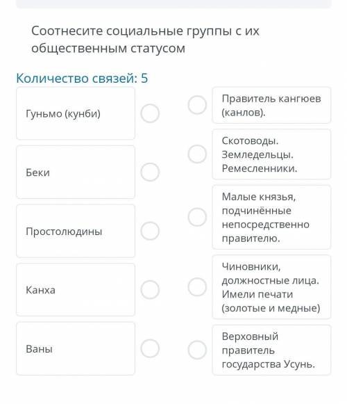 Соотнесите социальные группы с их общественным статусом Количество связей: 5 Правитель кангюев (канл