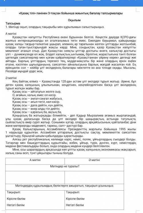 А мәтіні Ә мәтініМәтіндер не туралы?Мәтіндердің құрылымдық бөліктерге ажыратып, тақырып ұсыныңыз.Тақ