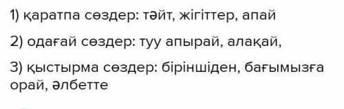 Жазылым 3-тапсырма. Берілген оқшау сөздерді түрлеріне қарай топтастыр. 1 сөйлемнен құрастыр.Түу, бал