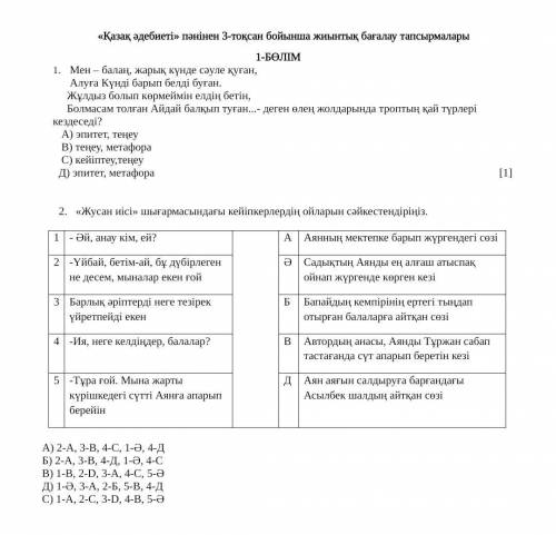 Жусан иісі »шығармасындағы кейіпкерлердің ойларын сәйкестендір.