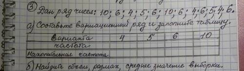 Дан ряд чисел:10;6;4;5;6;10;6;4;6;5;4;6. а) составьте вариационный ряд и заполните таблицу. б) Найд