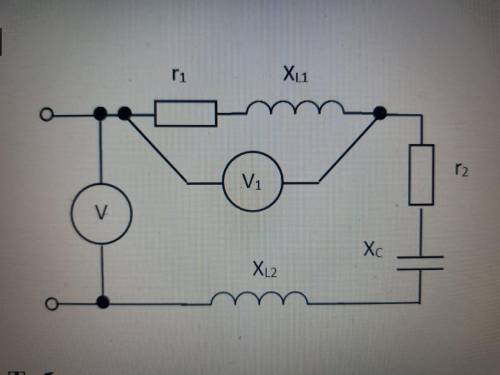 Определить показание вольтметра V1, если напряжение источника UV=100 B. r1=29 r2=35 xl1=25 xl2=15 xc