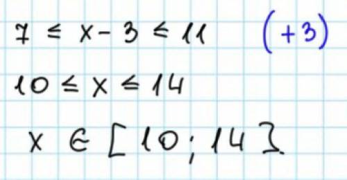 7 ≤ Х-3 ≤ 11 ЗАПИШИТЕ ОТВЕТ В ВИДЕ ЧИСЛОВОГО ПРОМЕЖУТКА