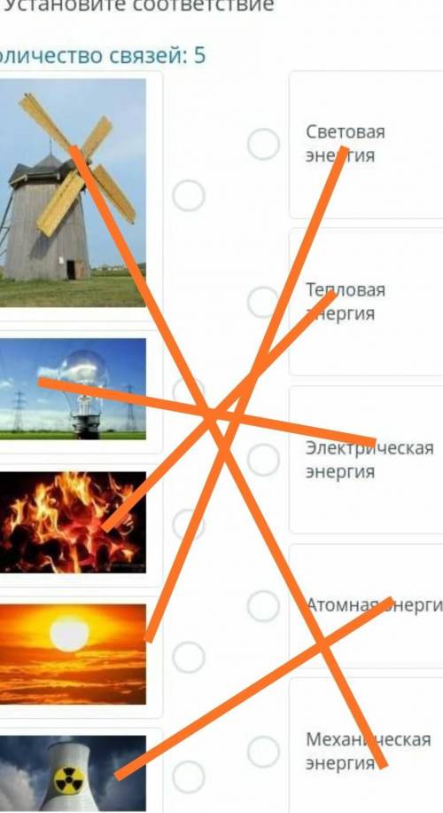 ТЕКСТ ЗАДАНИЯ Установите соответствиеКоличество связей: 5￼￼￼￼￼Световая энергияТепловая энергияЭлектр