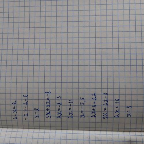 Реши уравнения 6-х=-2. 3+2х=-8. 2х+8=22​