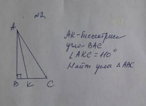 Прямоугольный треугольник ABC Биссектриса AK угла BAC Угол AKC 110 градусов Найти углы треугольника