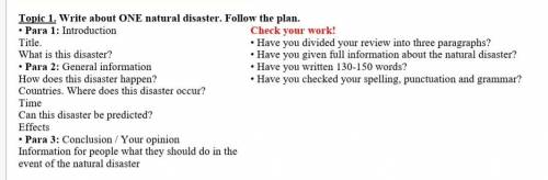 Topic 1. Write about ONE natural disaster. Follow the plan.130-150 слов мне нужно .