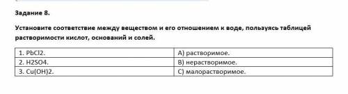 Установите соответствие между веществом и его отношением к воде, пользуясь таблицей растворимости ки