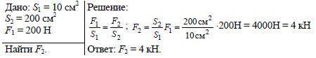 Площадь меньшего поршня 10см2, а большего 200см2. На меньший поршень действует сила 200 Н. Какая сил