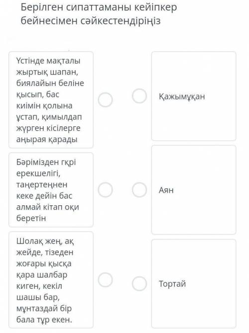 Берілген сипаттаманы кейіпкер бейнесімен сәйкестендіріңіз Байланыстар саны: 3Үстінде мақталы жыртық