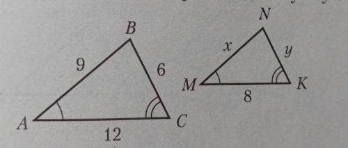 2. В треугольниках ABC и MNK (рис. 2) ZA= ZM, 2C = ZK. По указанным размерам сторон найдите сумму x+