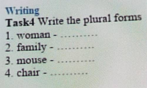 WritingTask4 Write the plural forms1. woman -2. family-3. mouse-4. chair-​