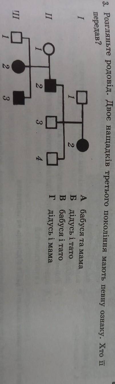 3. Розгляньте родовід. Двоє нащадків третього поколіния мають певну ознаку. Хто її передав?​