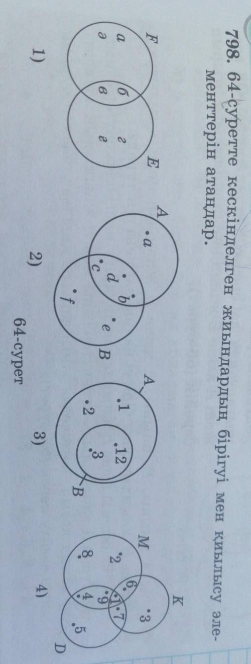 798. 64-суретте кескінделген жиындардың бірігуі мен қиылысу эле- менттерін атаңдар. ​