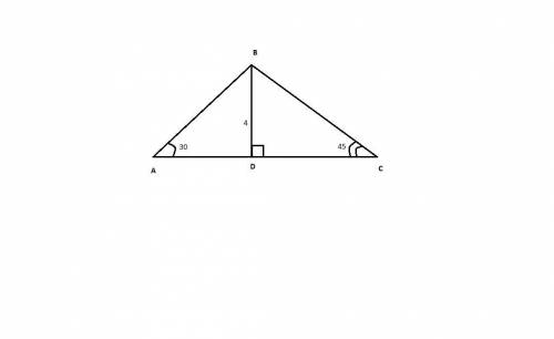 В треугольнике ABC высотаBD равна 4см угол А равен 30° угол С равен 45° найти площадь треугольника А